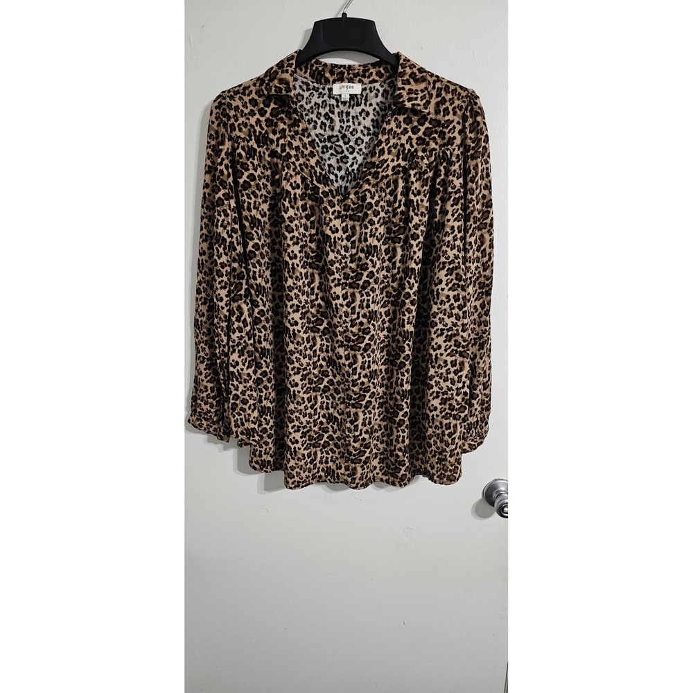 Umgee Womens Top Large Brown Black Animal Print V Neck Casual leopard Print
